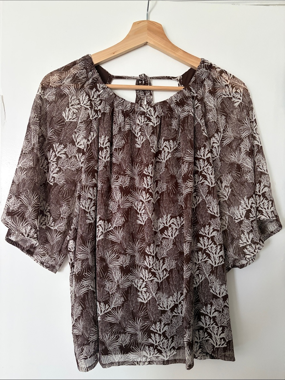 LOFT Brown Sheer Botanical-Print Blouse